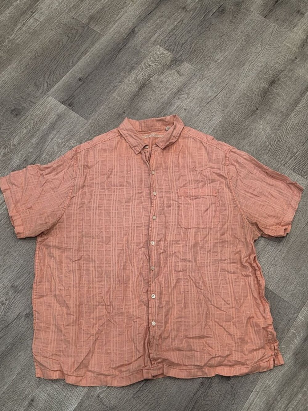 Caribbean Mens 2XB Coral Plaid Linen Cotton Short Sleeve Button-Up Shirt